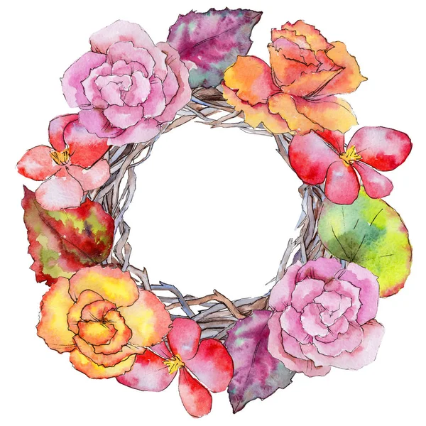 Wildflower begonia flower wreath in a watercolor style. — Stock Photo, Image