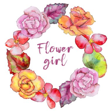 Kır çiçeği begonia çiçek çerçeve suluboya tarzında.