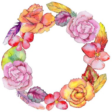 Kır çiçeği begonia çiçek çelenk suluboya tarzında.