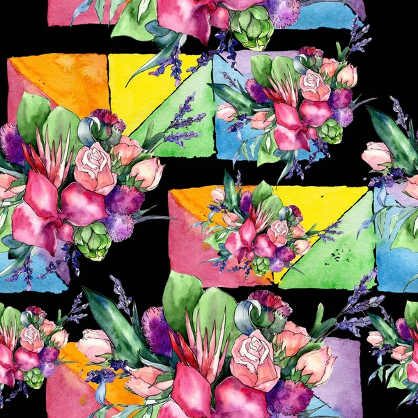 水彩画のワイルドフラワーの花束パターン. — ストック写真