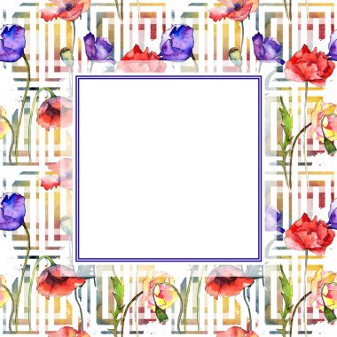 Kır çiçeği haşhaş çiçek çerçeve suluboya tarzında.