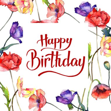 Kır çiçeği haşhaş çiçek çerçeve suluboya tarzında.