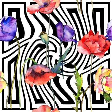 Kır çiçeği haşhaş çiçek deseni suluboya tarzında.