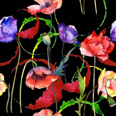 Kır çiçeği haşhaş çiçek deseni suluboya tarzında.