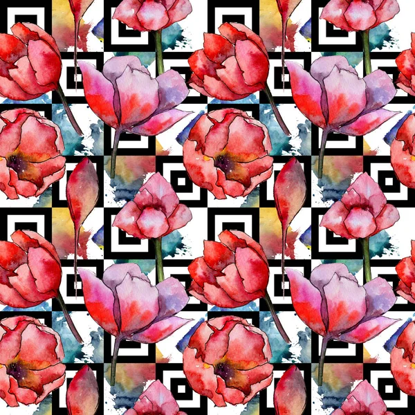 水彩風の野生の花チューリップ花のパターン. — ストック写真
