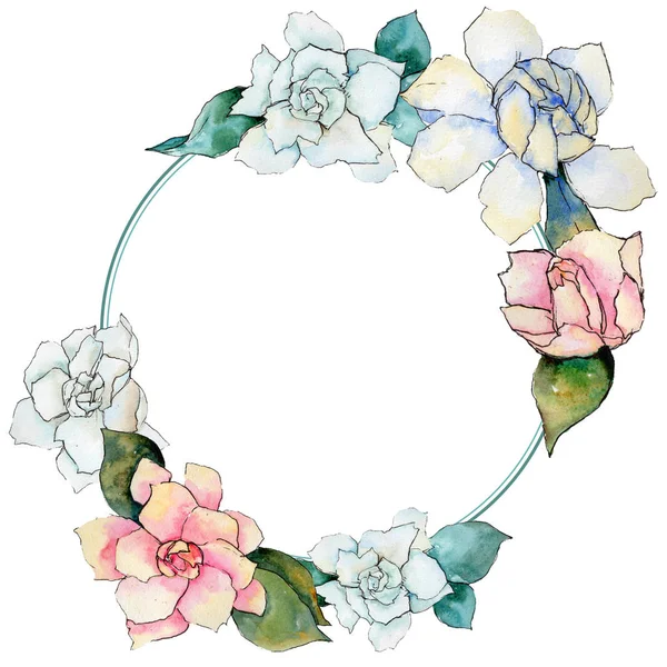 Wildflower gardenia flower wreath in a watercolor style.