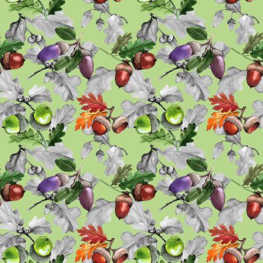 Orman meşe palamudu desen bir elinde suluboya tarzı çizilmiş.