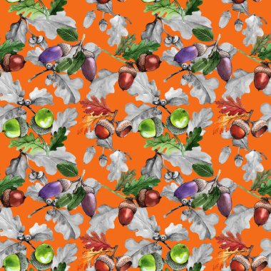 Orman meşe palamudu desen bir elinde suluboya tarzı çizilmiş.