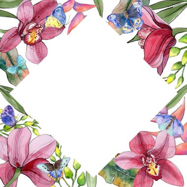 Kır çiçeği orkide çiçek çerçeve suluboya tarzında.