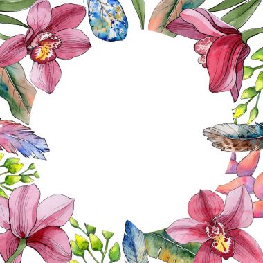 Kır çiçeği orkide çiçek çerçeve suluboya tarzında.