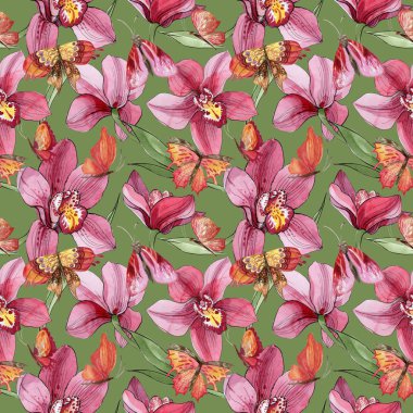 Kır çiçeği orkide çiçek deseni suluboya tarzında.