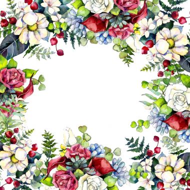 Buket çiçek çerçeve suluboya tarzında.