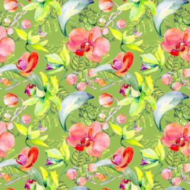 Kır çiçeği orkide çiçek deseni suluboya tarzında.