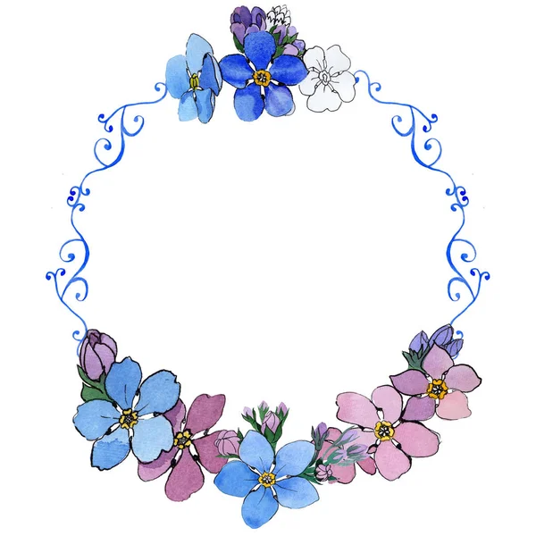 Wildflower forget-me-not flower wreath in a watercolor style.