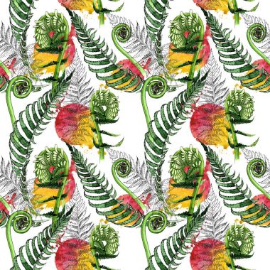 Tropikal eğreltiotu yaprakları desen suluboya tarzında.