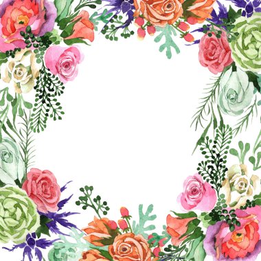 Buket çiçek çerçeve suluboya tarzında.