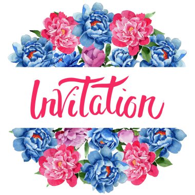 Kır çiçeği pembe peony çiçek çelenk suluboya tarzında.