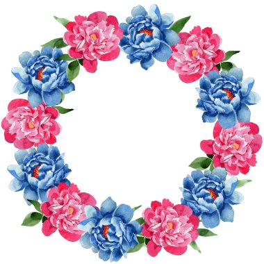 Kır çiçeği pembe peony çiçek çelenk suluboya tarzında.