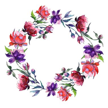 Kır çiçeği peony çiçek çelenk suluboya tarzında.