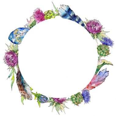 Kır çiçeği thistle çiçek çelenk suluboya tarzında.