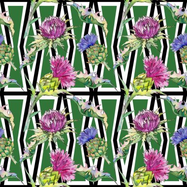 Kır çiçeği thistle çiçek deseni suluboya tarzında.