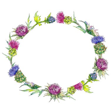 Kır çiçeği thistle çiçek çelenk suluboya tarzında.