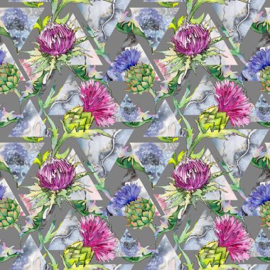 Kır çiçeği thistle çiçek deseni suluboya tarzında.