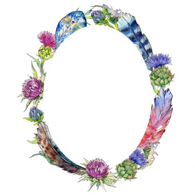 Kır çiçeği thistle çiçek çelenk suluboya tarzında.