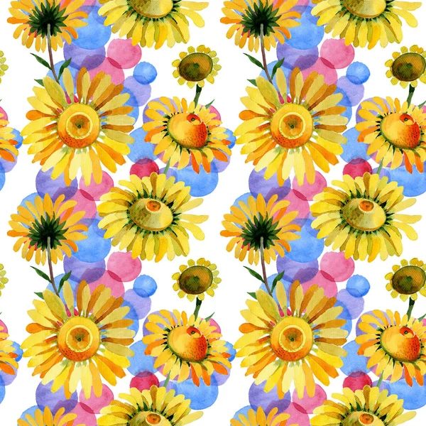 수채화 스타일에 야생화 노란색 카모마일 꽃 패턴. — 스톡 사진