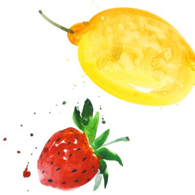 Egzotik çilek ve suluboya tarzında izole limon yabani meyve.