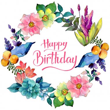 Tropikal çiçek çelenk suluboya tarzında.