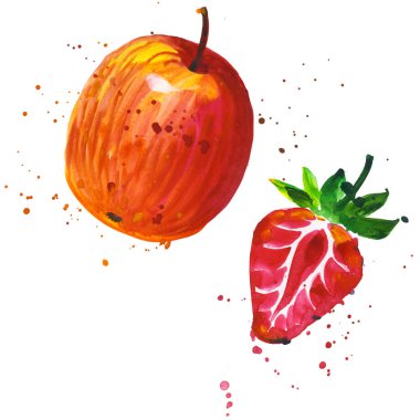 Egzotik çilek ve elma yabani meyve izole bir suluboya tarzında.