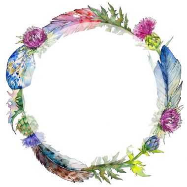 Kır çiçeği thistle çiçek çelenk suluboya tarzında.