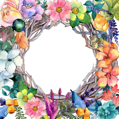 Tropikal çiçek çerçeve suluboya tarzında.