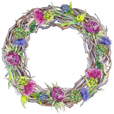 Kır çiçeği thistle çiçek çelenk suluboya tarzında.