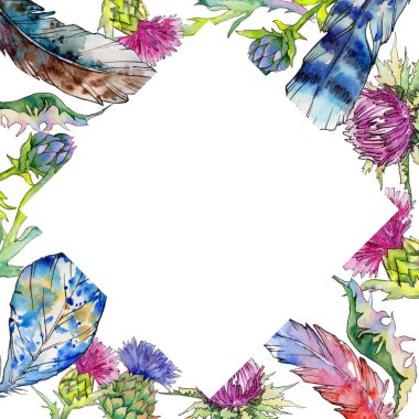 Kır çiçeği thistle çiçek çerçeve suluboya tarzında.