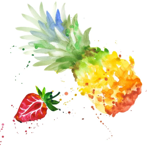 Egzotycznych owoców truskawek i ananasów dziki w stylu przypominającym akwarele na białym tle. — Zdjęcie stockowe