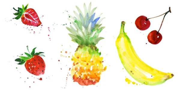 Cerise exotique et fraise, ananas, banane fruits sauvages dans un style aquarelle isolé . — Photo