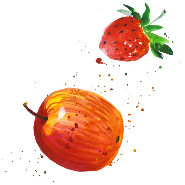 Exotic strawberry and apple wild fruit in a watercolor style isolated.