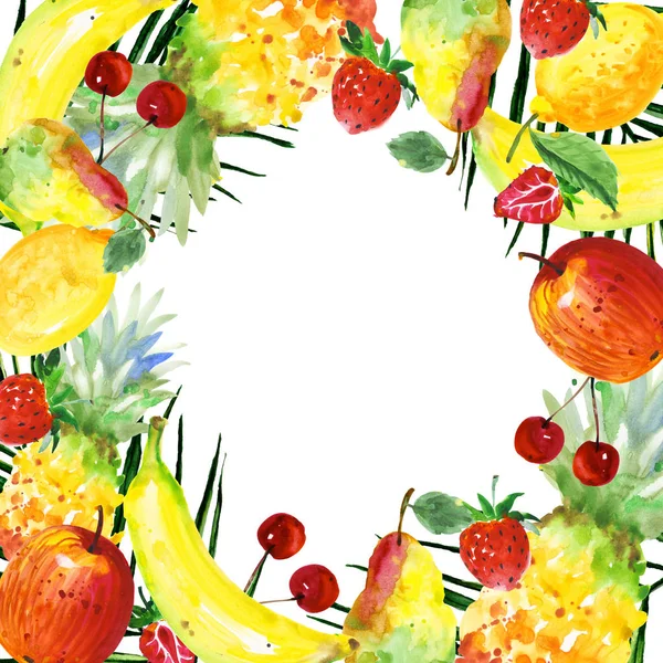 Klatka dzikich owoców egzotycznych kompozycji w stylu przypominającym akwarele. — Zdjęcie stockowe