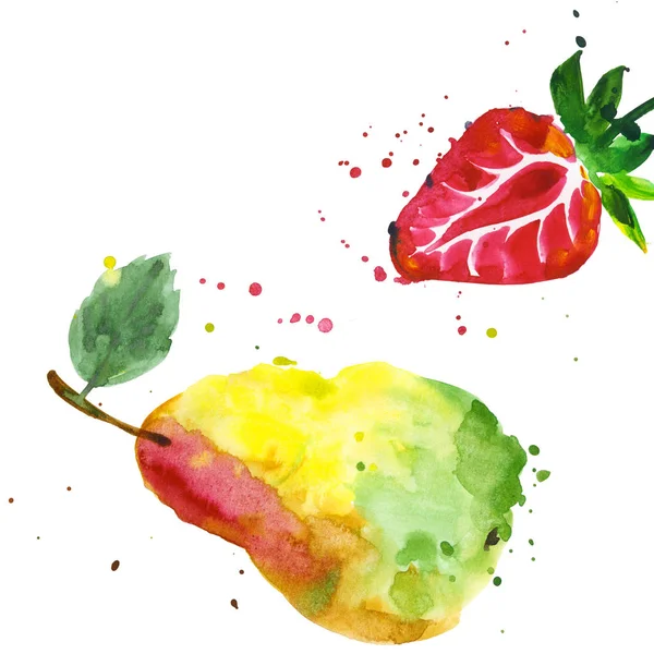 Egzotycznych owoców dzikiej truskawki i gruszka w stylu przypominającym akwarele na białym tle. — Zdjęcie stockowe