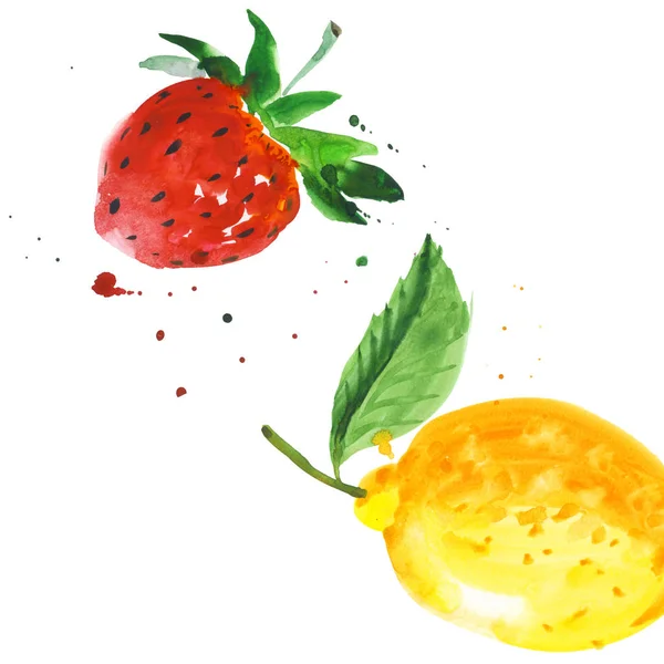 Egzotyczne truskawka i dzikie owoce cytryny w stylu przypominającym akwarele na białym tle. — Zdjęcie stockowe