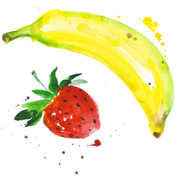 Banane exotique et fraise fruits sauvages dans un style aquarelle isolé . — Photo