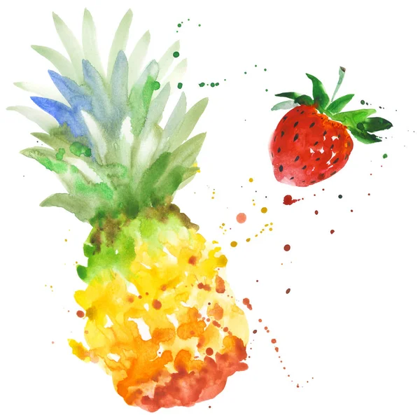 Egzotycznych owoców truskawek i ananasów dziki w stylu przypominającym akwarele na białym tle. — Zdjęcie stockowe