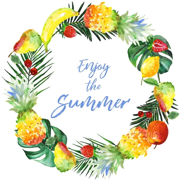 Exotic composition wild fruit wreath in a watercolor style. — Stock Photo, Image