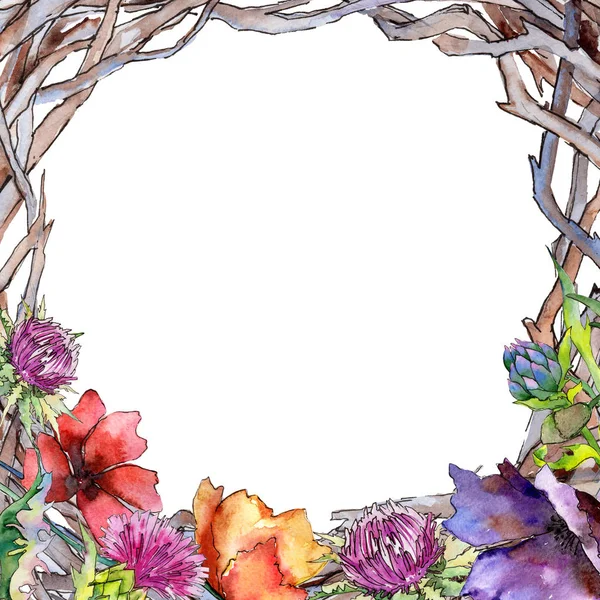 Kır çiçeği thistle çiçek çerçeve suluboya tarzında.