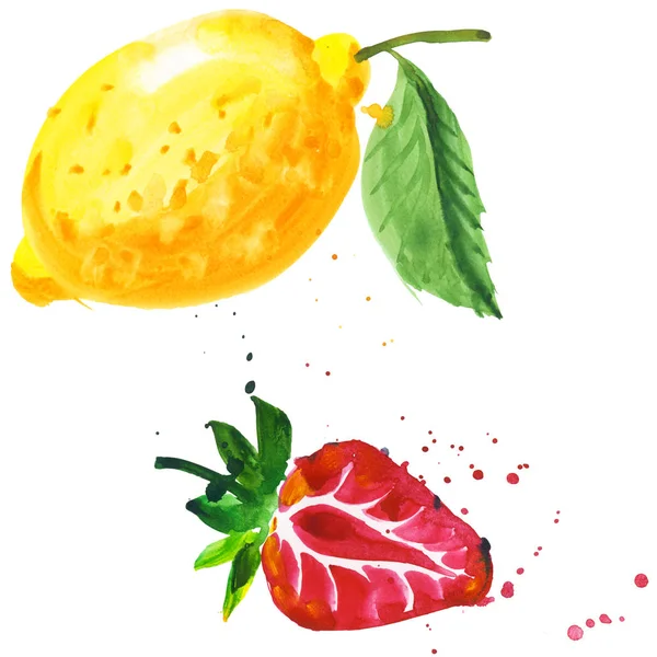 Egzotyczne truskawka i dzikie owoce cytryny w stylu przypominającym akwarele na białym tle. — Zdjęcie stockowe