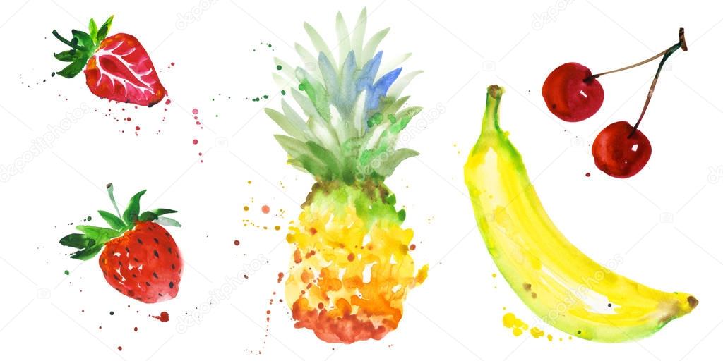 Exotic cherry and strawberry, pineapple, banana wild fruit in a watercolor style isolated.