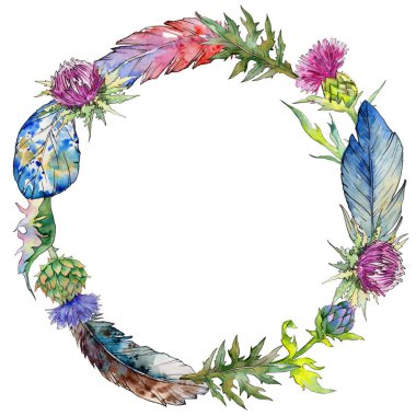 Kır çiçeği thistle çiçek çelenk suluboya tarzında.