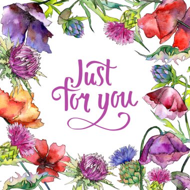 Kır çiçeği thistle çiçek çerçeve suluboya tarzında.